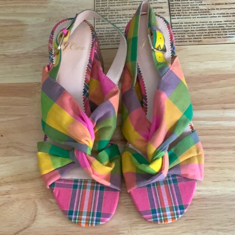 J Crew Madras Plaid Block Heel Sandal Size 7.5
